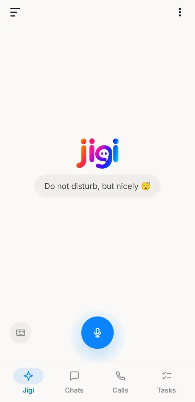 The Jigi agent home screen: the Jigi logo, a suggestion that reads “Do not disturb, but nicely”, and a large microphone button.